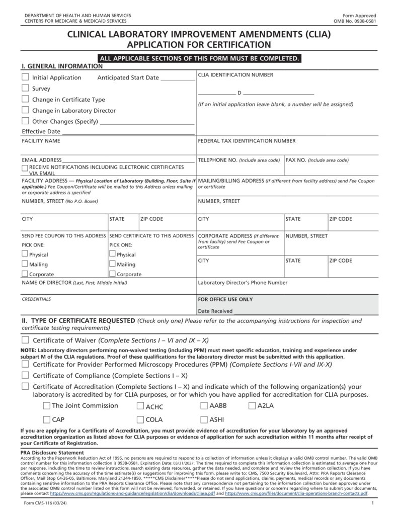 CLIA Certification application